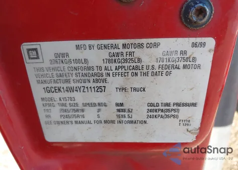 2000 Chevrolet Silverado 1500 z USA, uszkodzony, nr VIN 1GCEK14W4YZ111257